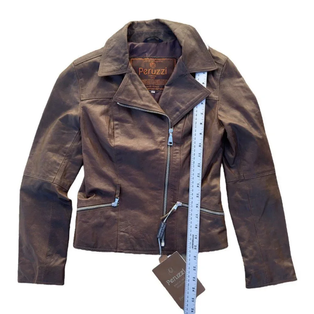 Peruzzi Vera Pelle‎ Leather Italian Made Moto Style Jacket Brown Women's 2